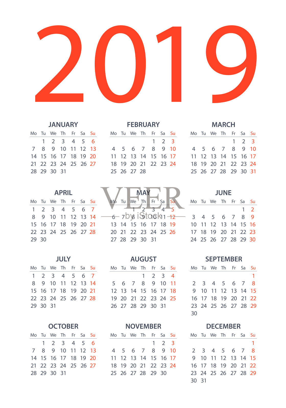 日历2019 -插图。工作日从星期一开始设计模板素材