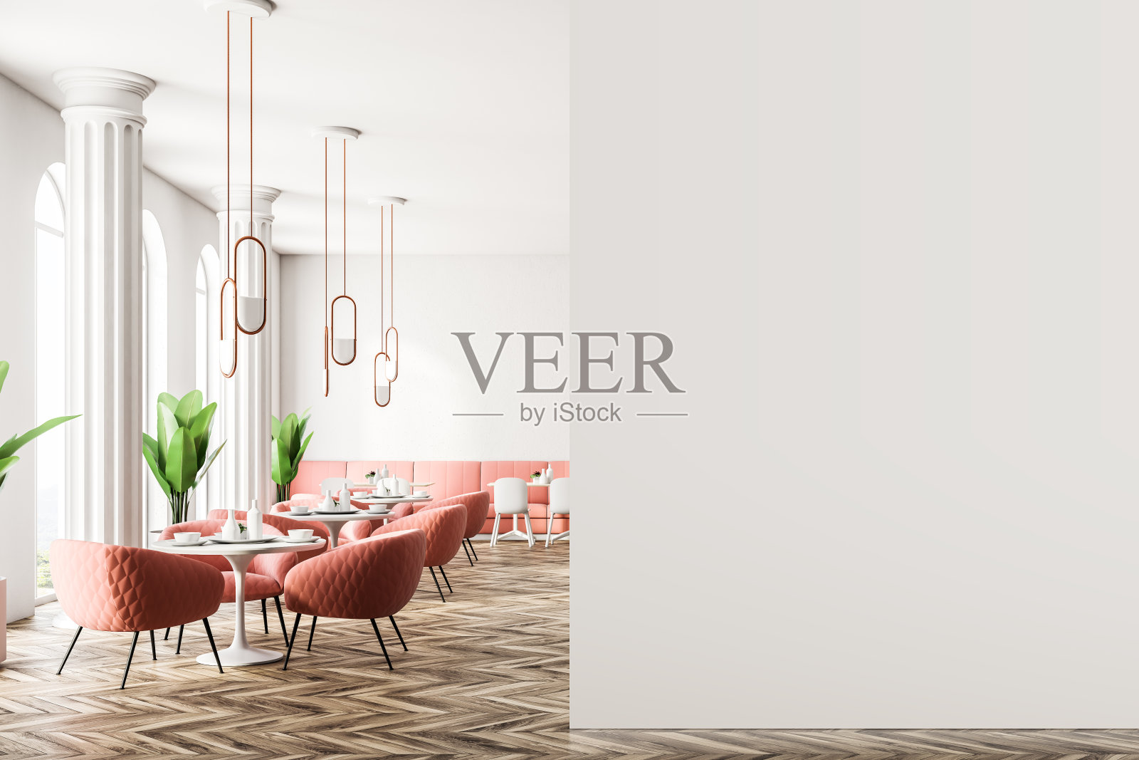 粉红色的扶手椅，咖啡馆内部，模拟墙照片摄影图片