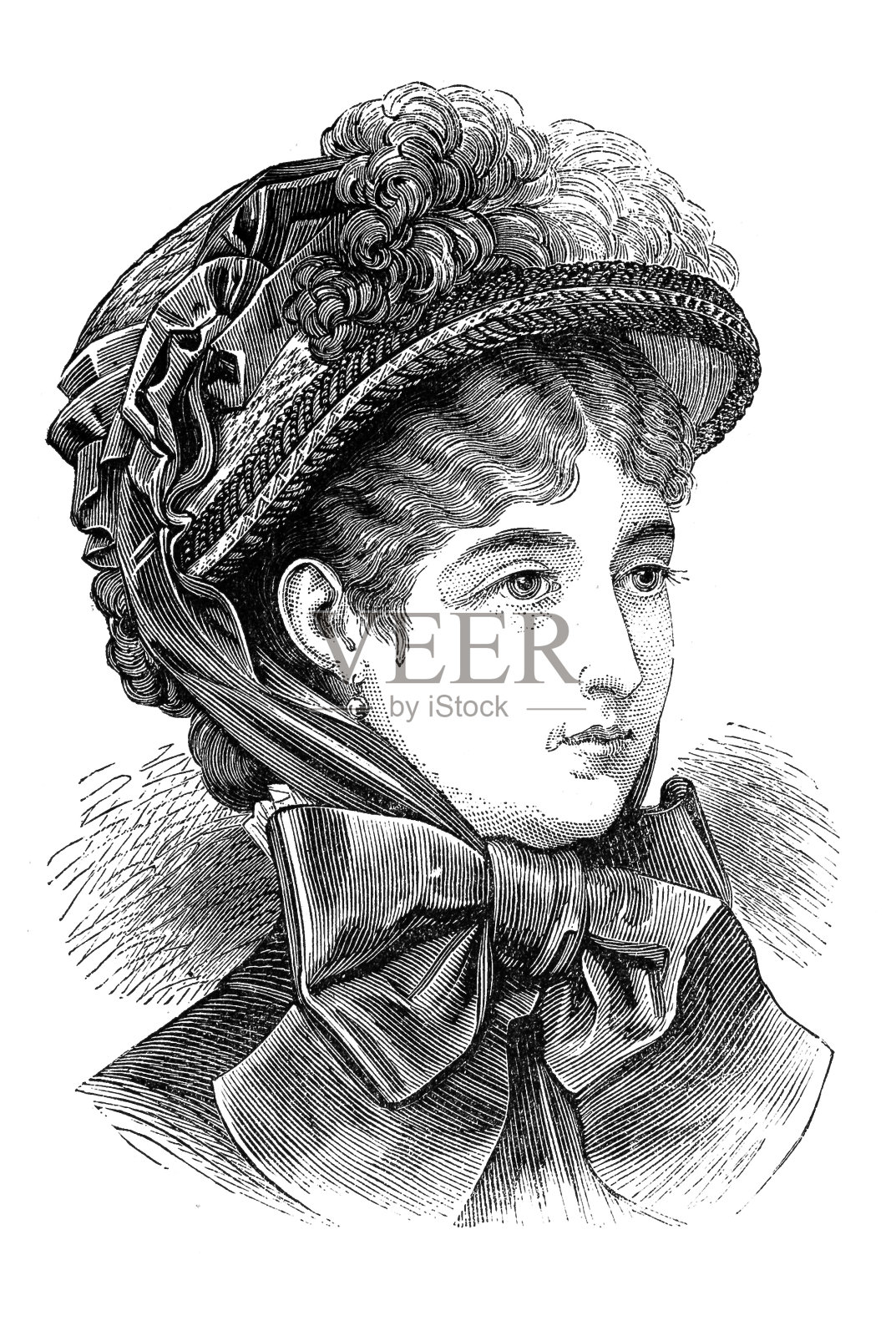 年轻时尚的女人与毛绒帽子与羽毛-维多利亚雕刻插画图片素材