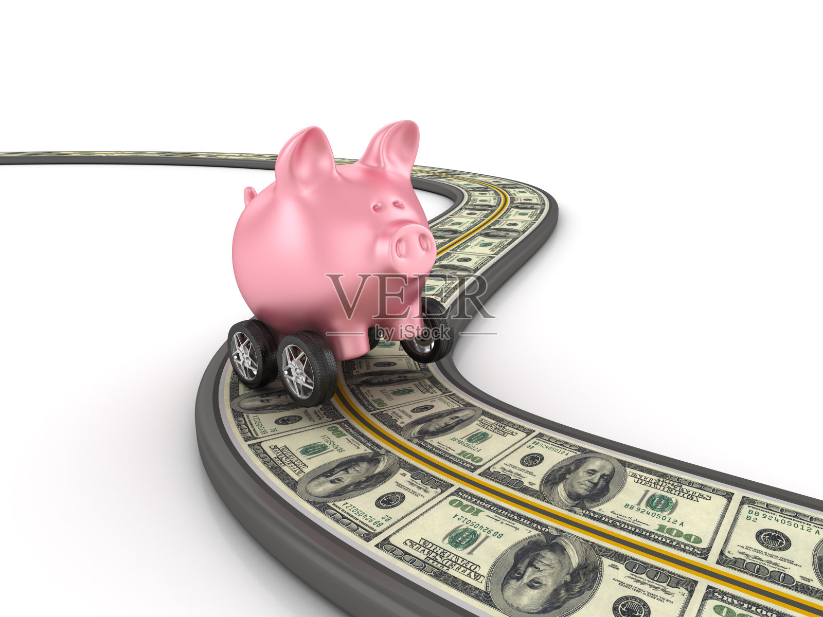 蜿蜒的3D道路与小猪银行和美元钞票- 3D渲染照片摄影图片