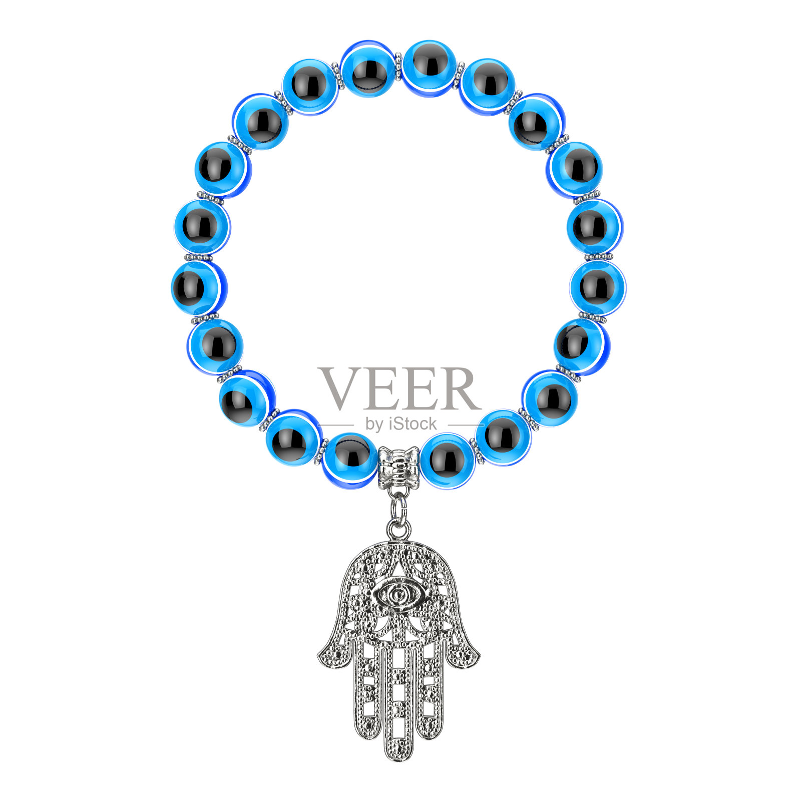 带有银色哈姆萨之手和邪恶之眼珠的手镯3D渲染照片摄影图片