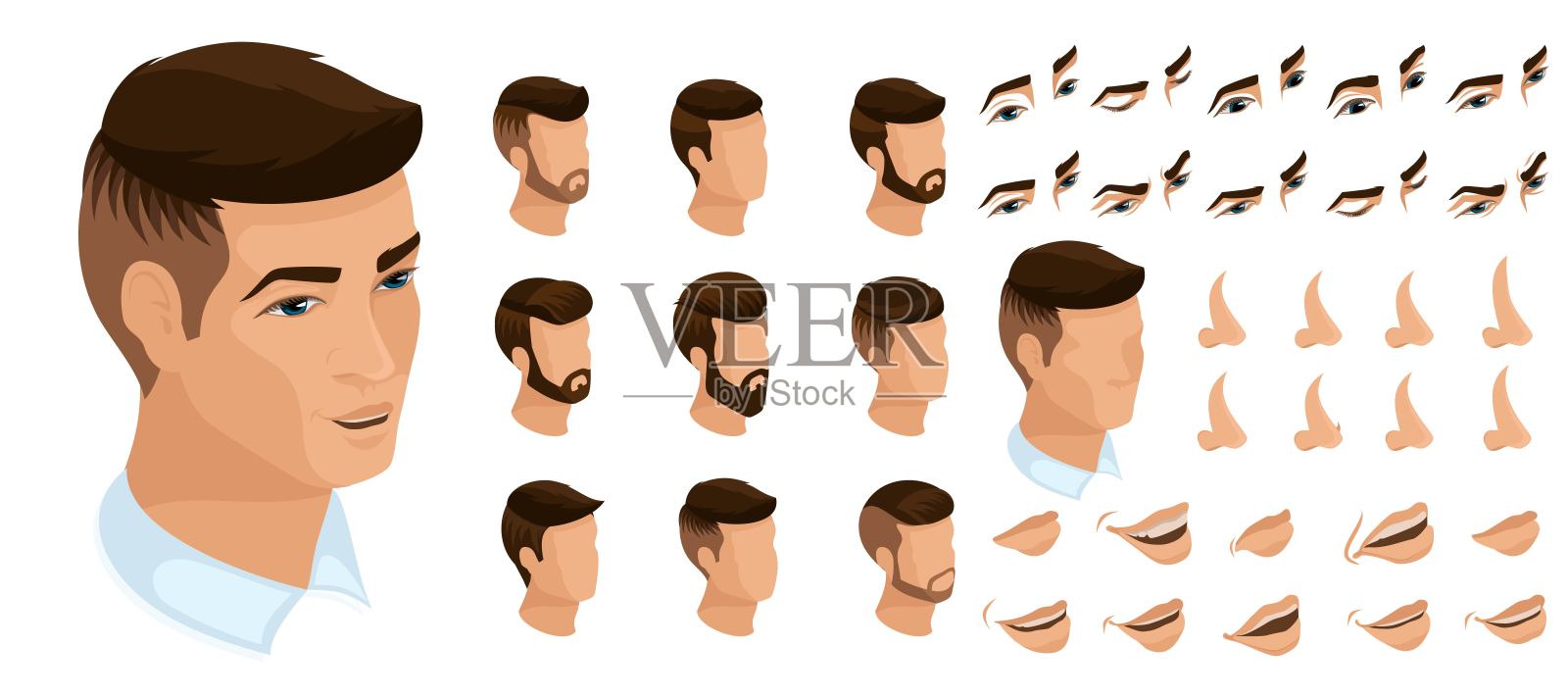 等距测量为一个男人一个商人创造了情感。3D发型，脸，眼睛，嘴唇，鼻子，面部表情。定性矢量等高插画图片素材