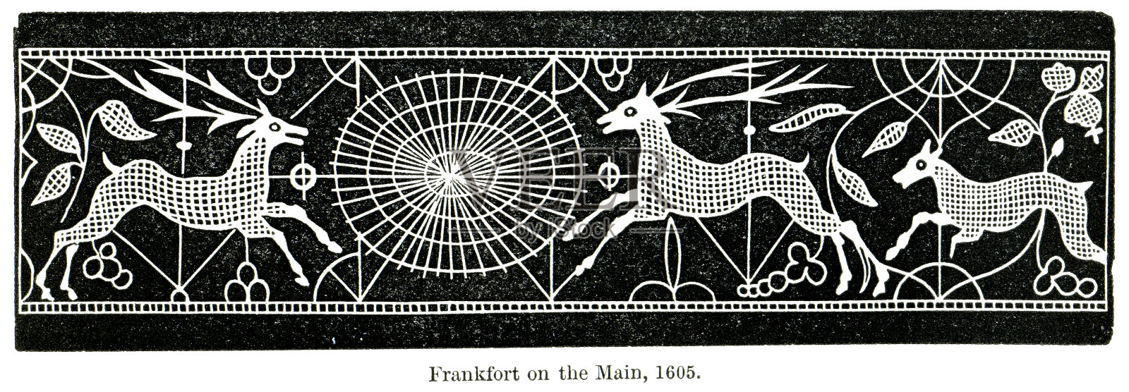 木刻针花边图案与鹿和藤蔓1605插画图片素材