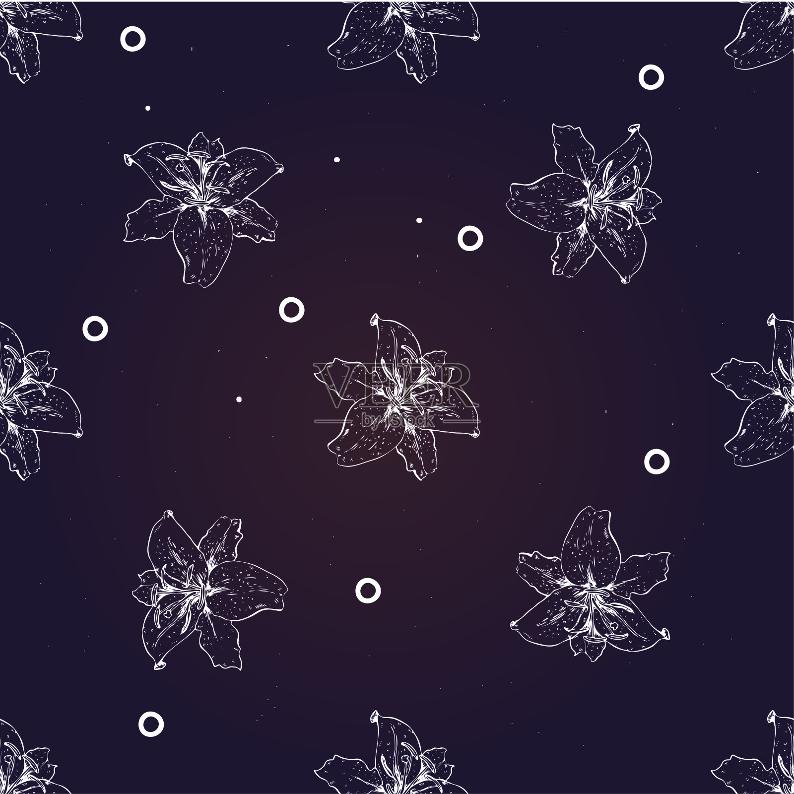 向量无缝模式与白色轮廓百合花在深蓝色的背景。豪华花卉背景为您的设计。插画图片素材
