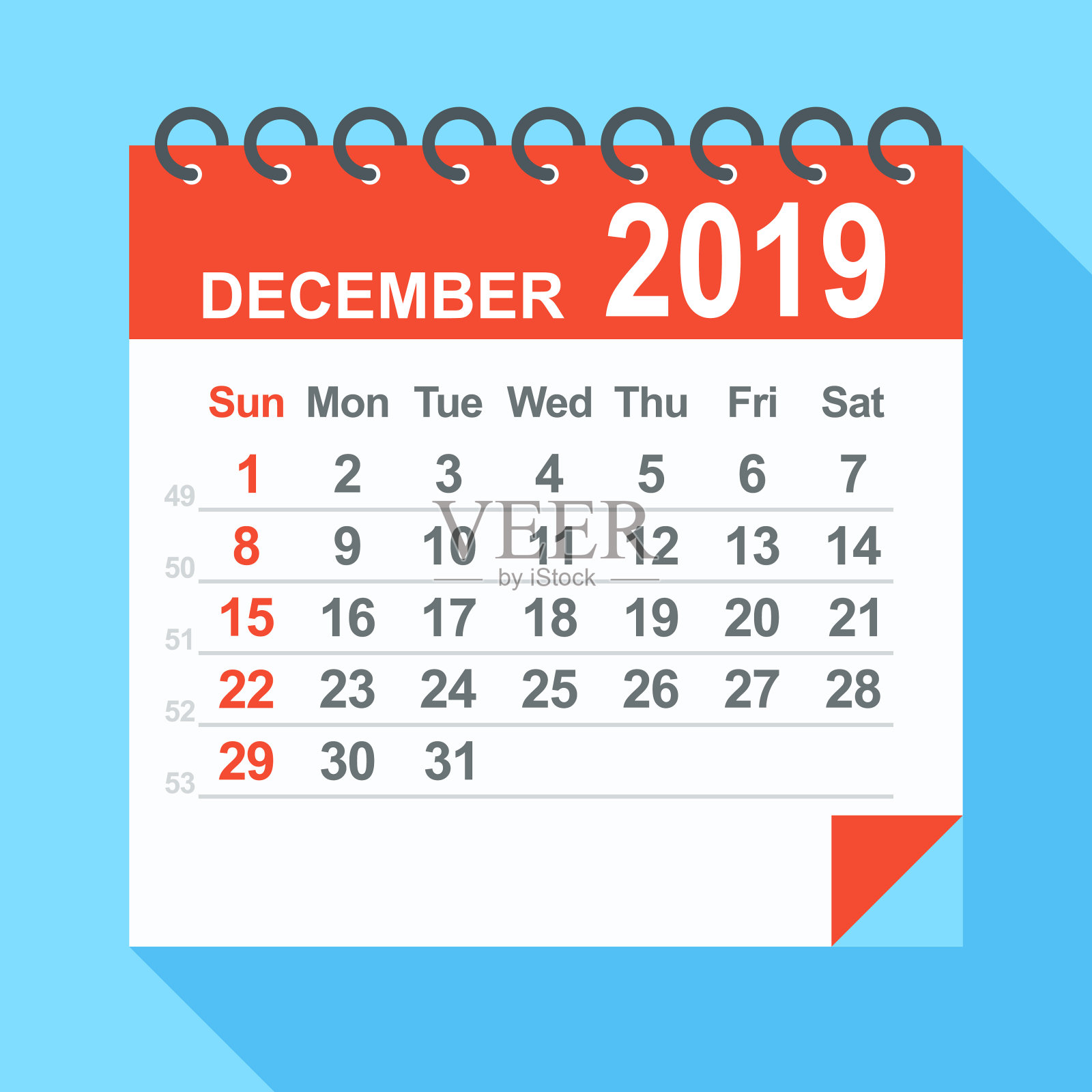 2019年12月-日历。周日开始一周设计模板素材