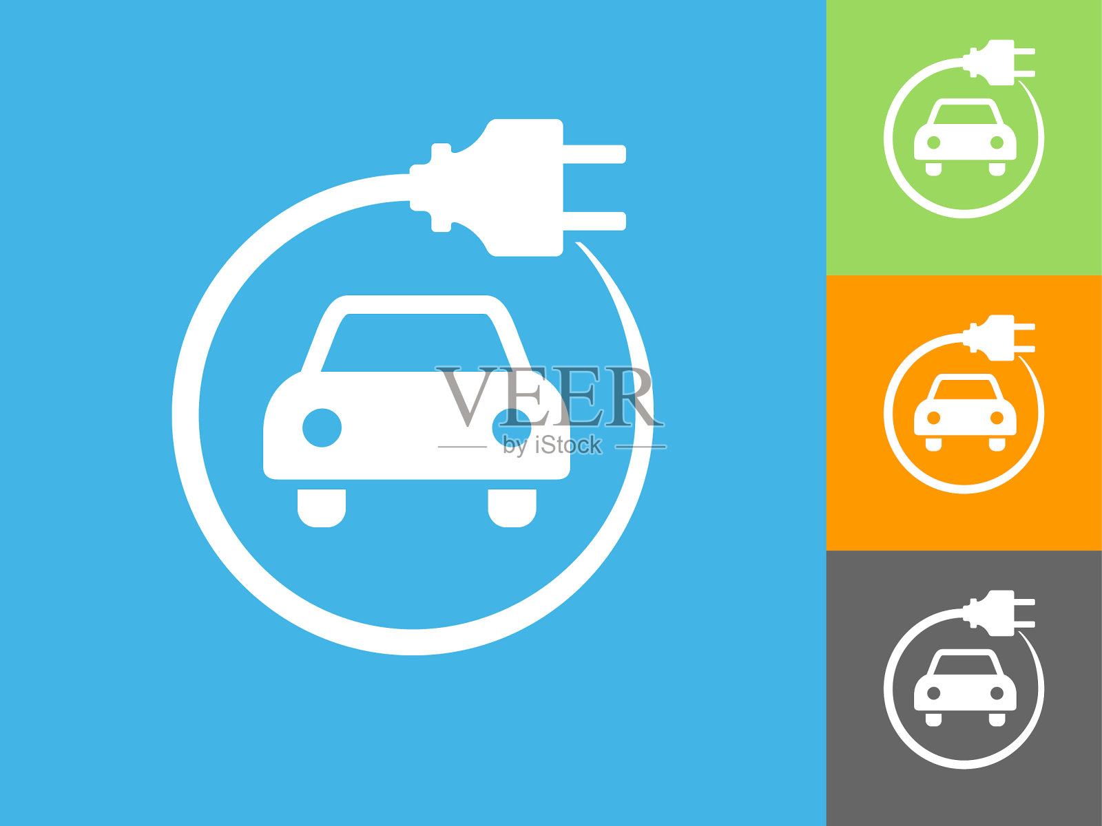 蓝色背景上的电动汽车扁平图标插画图片素材