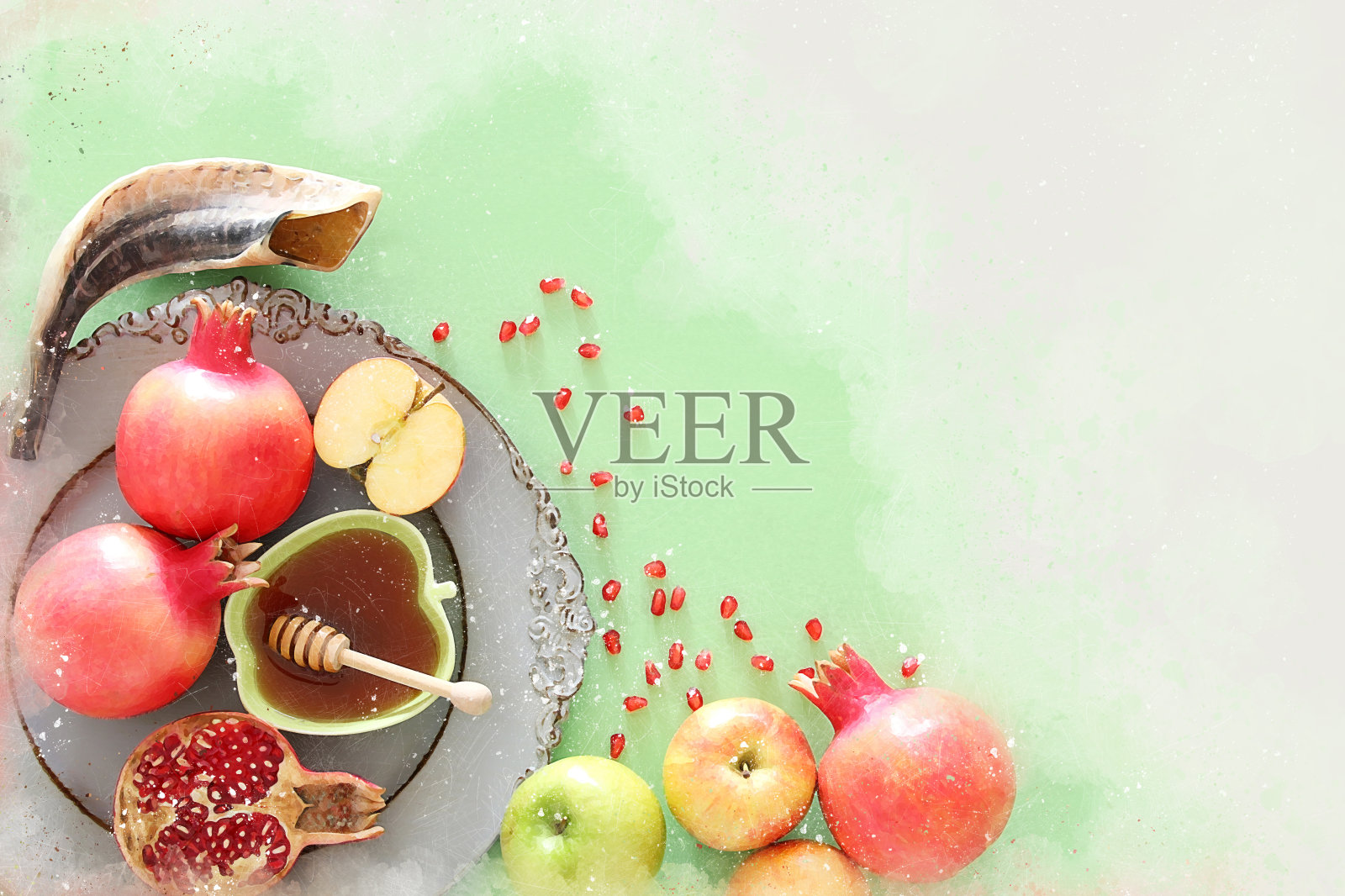 水彩风格和抽象形象的犹太新年假期(犹太新年假期)概念。传统符号。照片摄影图片