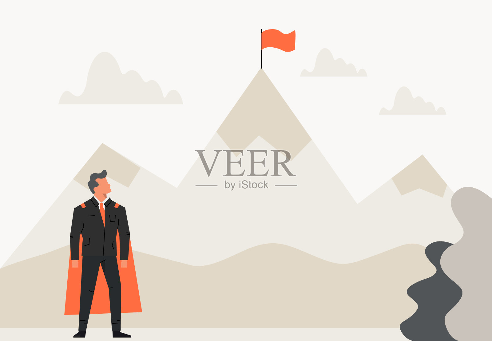 超级商人看着山顶上的旗帜。成功，领导，成就和目标概念。启动平插图插画图片素材