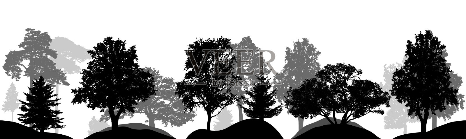 一组树，轮廓孤立，矢量插画图片素材