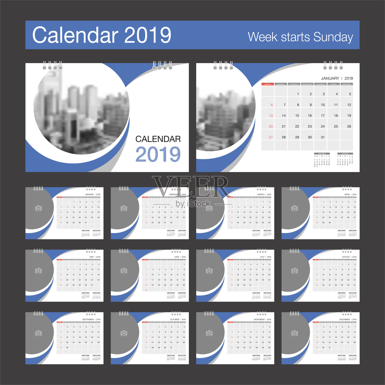 2019年日历。书桌日历现代设计模板与地方的照片。上周星期天开始。纸张大小为A5或A4。插画图片素材