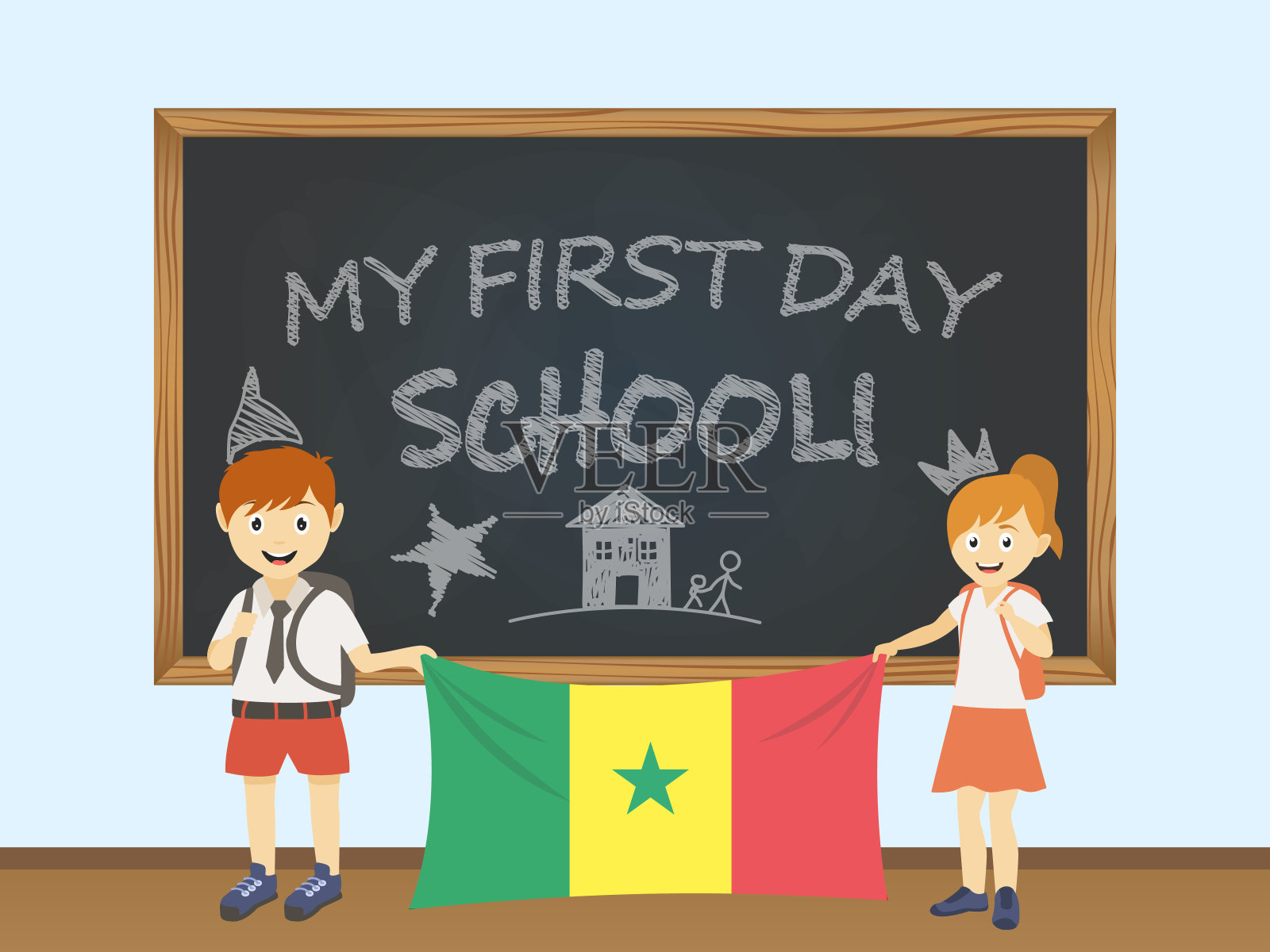 彩色微笑的孩子们，男孩和女孩，举着塞内加尔国旗后面的学校董事会插图。第一天上学的矢量卡通插图插画图片素材
