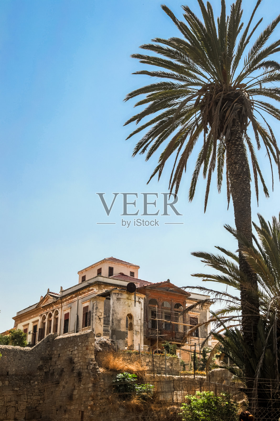 老城，罗德岛，希腊-棕榈树和老建筑。照片摄影图片