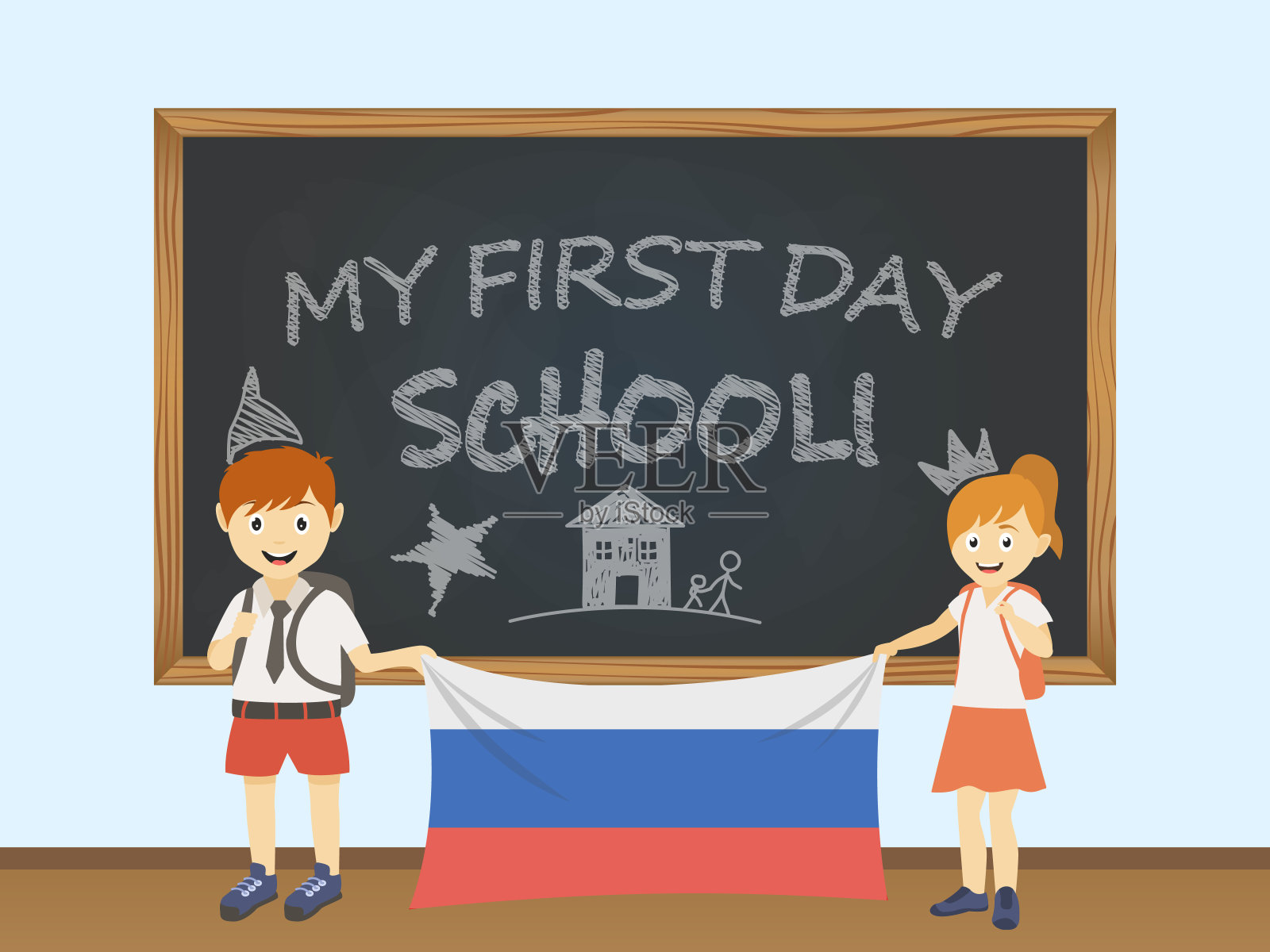 彩色微笑的孩子们，男孩和女孩，在学校董事会的插图后面举着俄罗斯国旗。第一天上学的矢量卡通插图插画图片素材