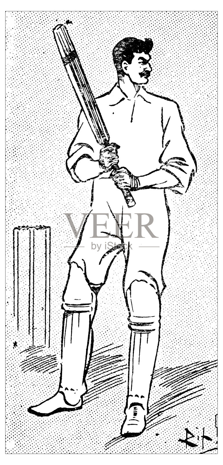 古董雕刻插图:板球运动员插画图片素材