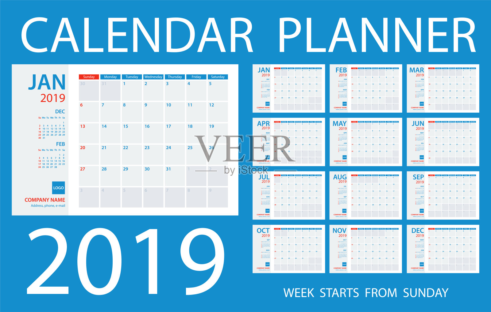 日历计划2019 -矢量模板。星期日开始上班设计模板素材