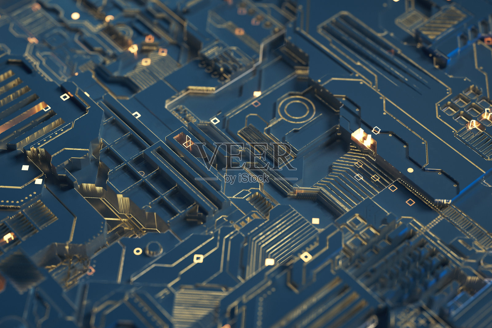 3d渲染，电路板和金光芯片照片摄影图片