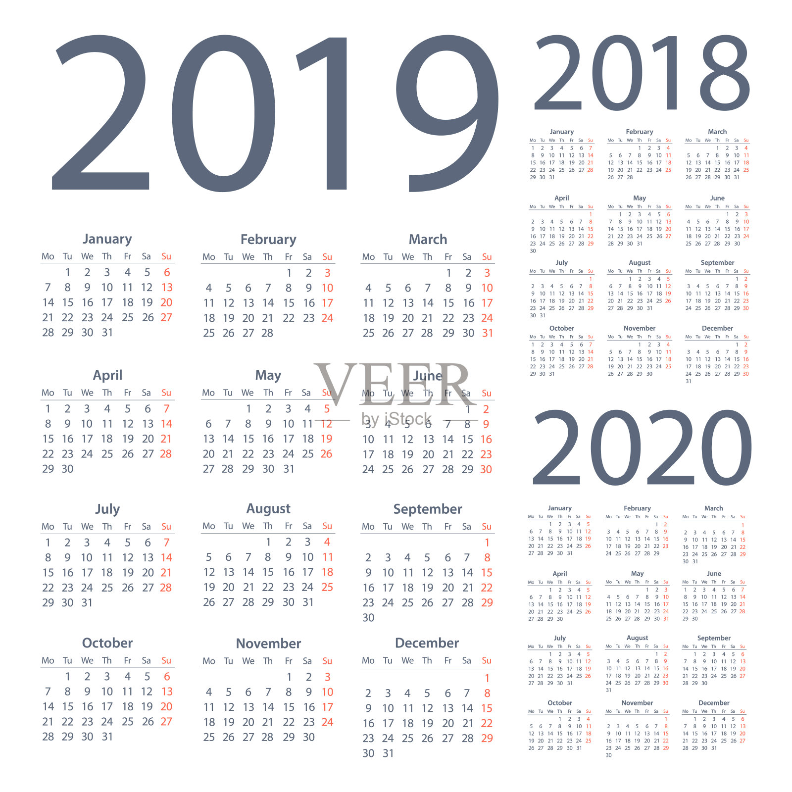 日历2019 2018 2020简单-英语欧洲国际版本。工作日从星期一开始插画图片素材