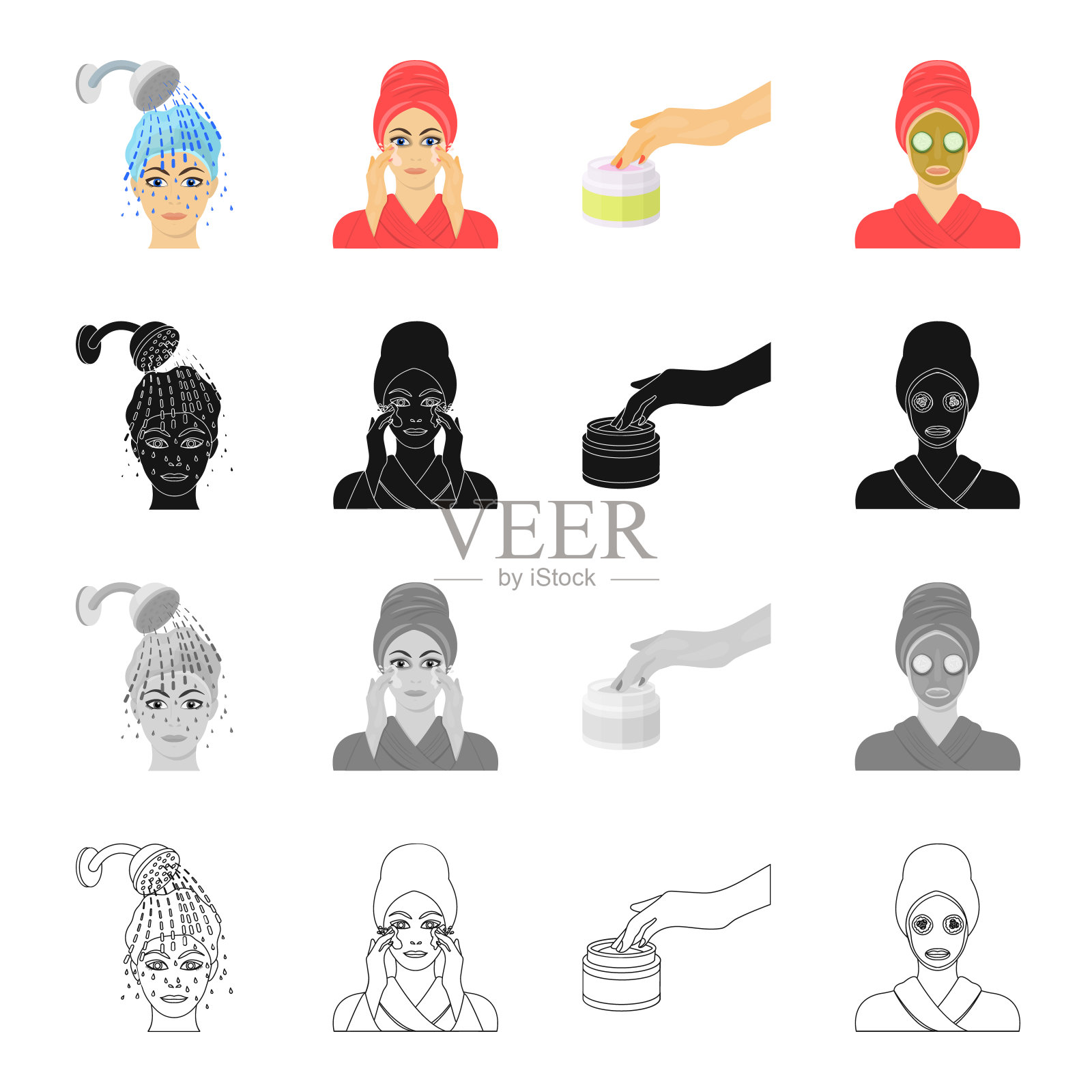 洗发、按摩、美容、护肤霜、面膜。面部皮肤护理集合图标在卡通黑色单色轮廓风格向量符号股票插图网。插画图片素材