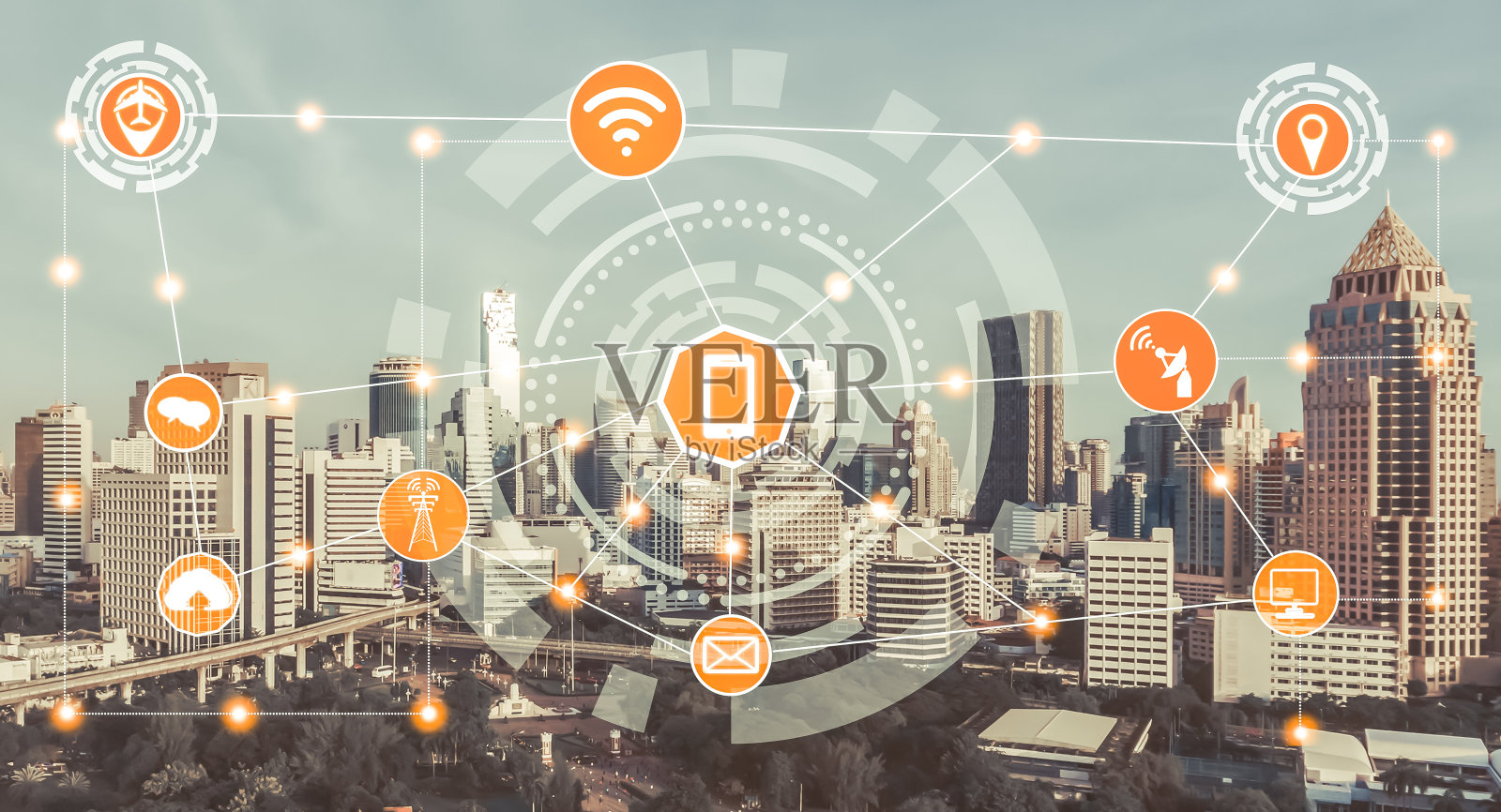 智慧城市和无线通信网络。照片摄影图片