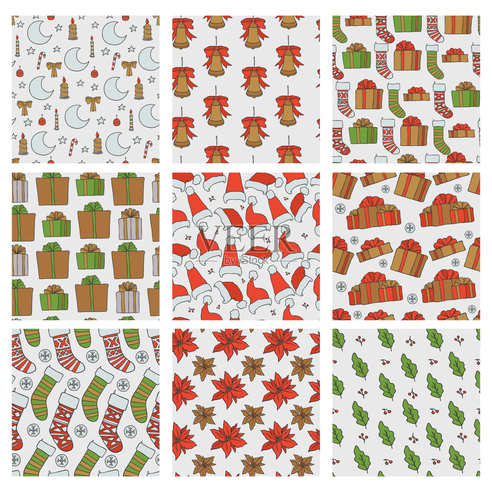 圣诞和新年的无缝模式。矢量假日背景与礼物袜子雪花帽贺卡设计和包装。插画图片素材