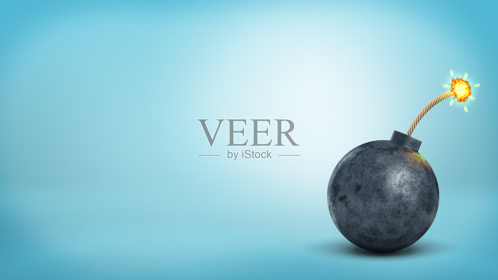 一个大的和旧的铁炸弹的3d渲染站在蓝色的背景与明亮的导火索。照片摄影图片