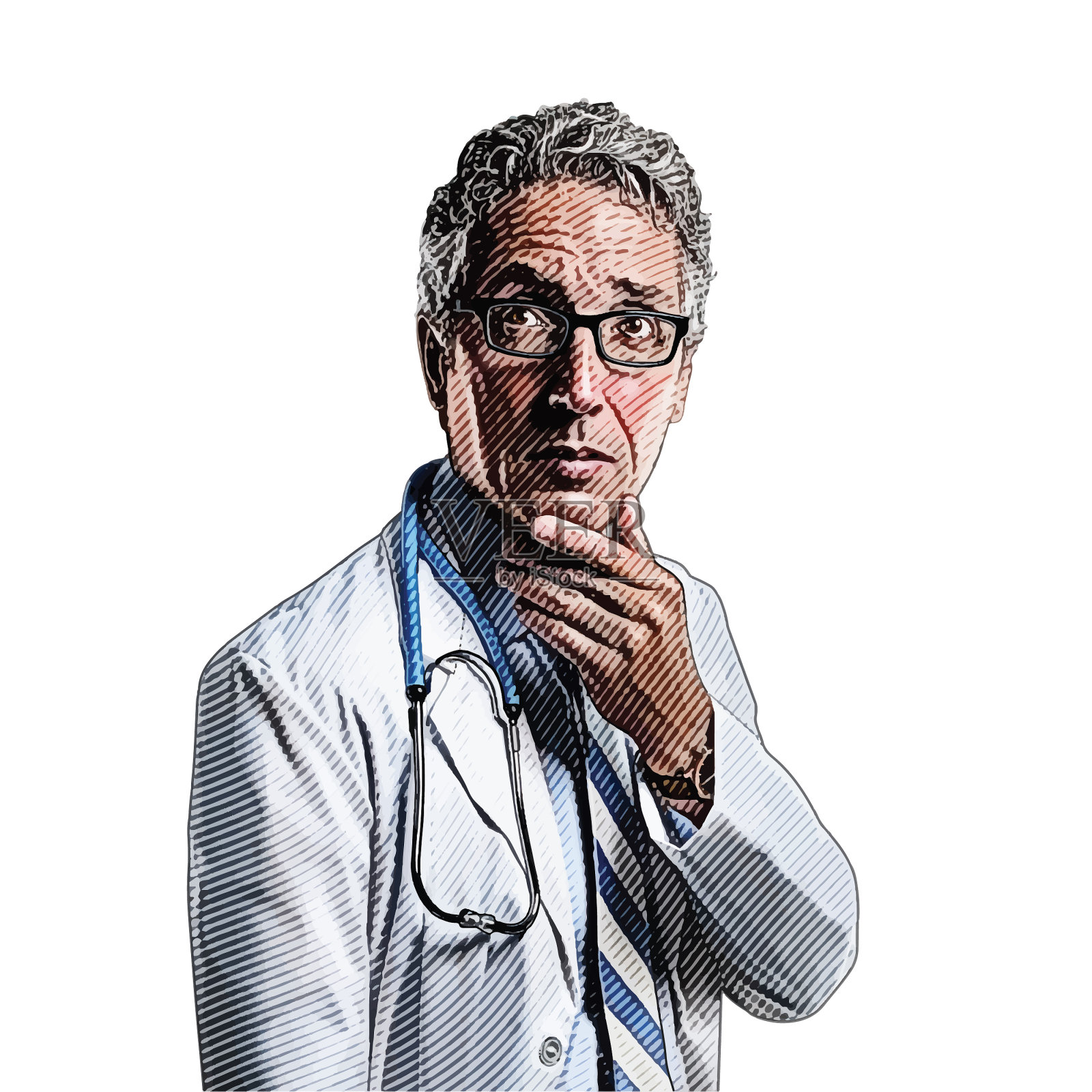 一脸沉思的资深男医生插画图片素材