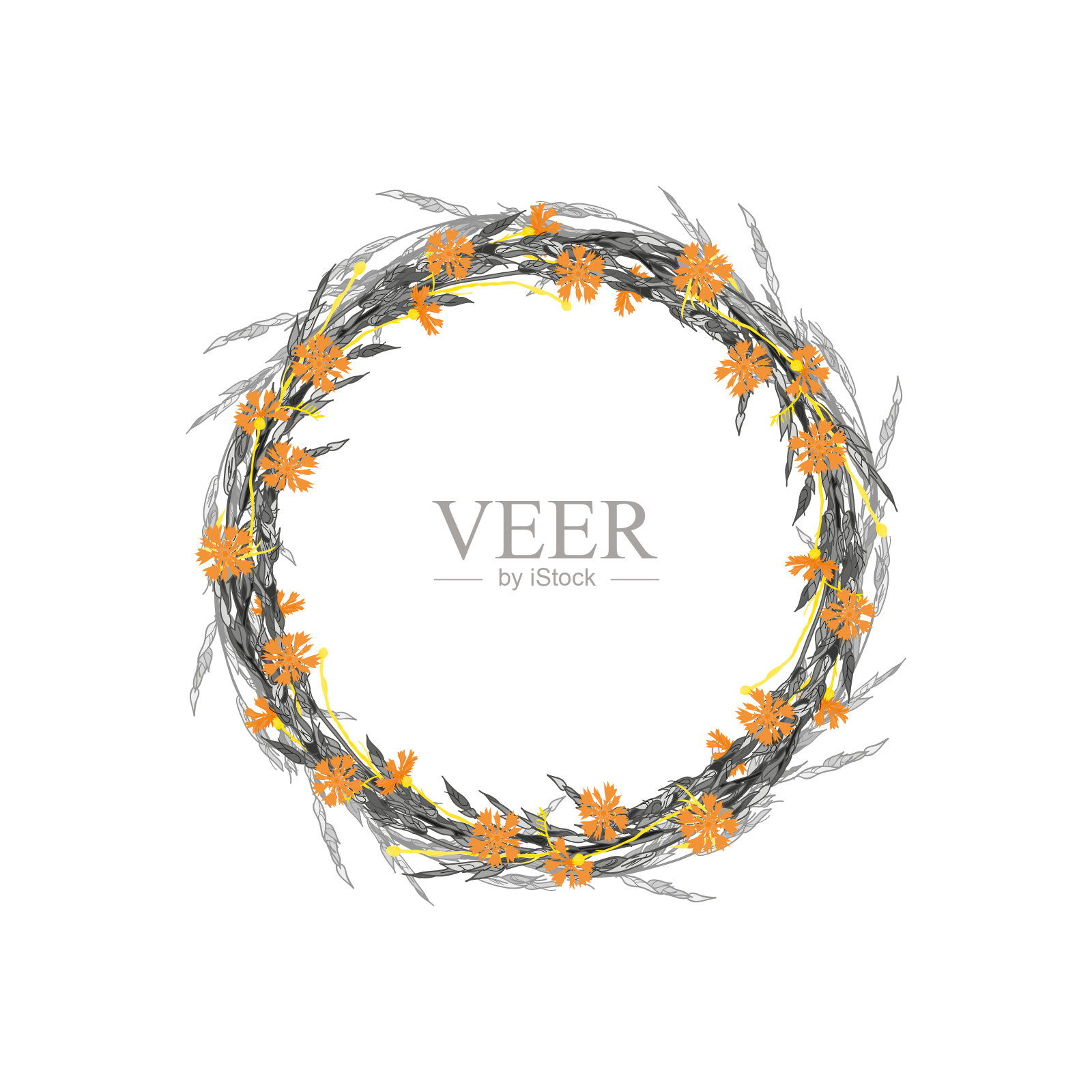 麦穗和矢车菊花圆形边框矢量插画（带文本空间）插画图片素材