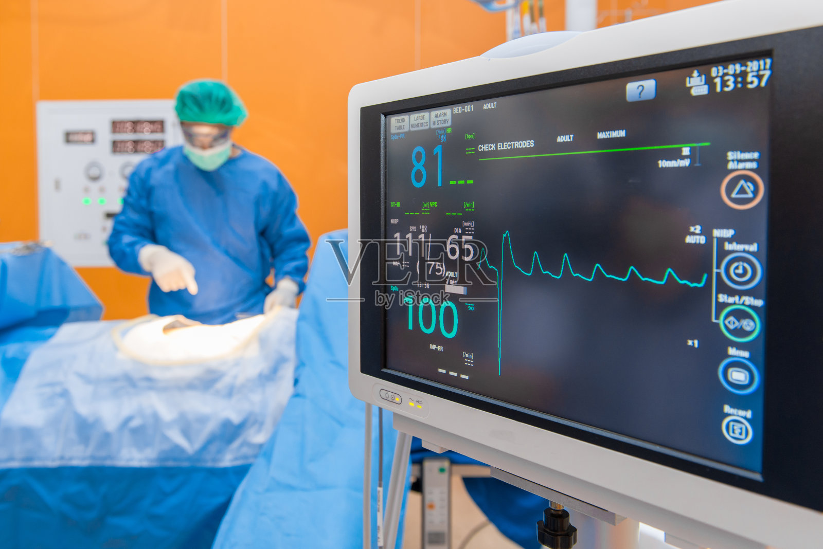 在医院的ICU手术室配备内科医生或外科团队的除颤器照片摄影图片