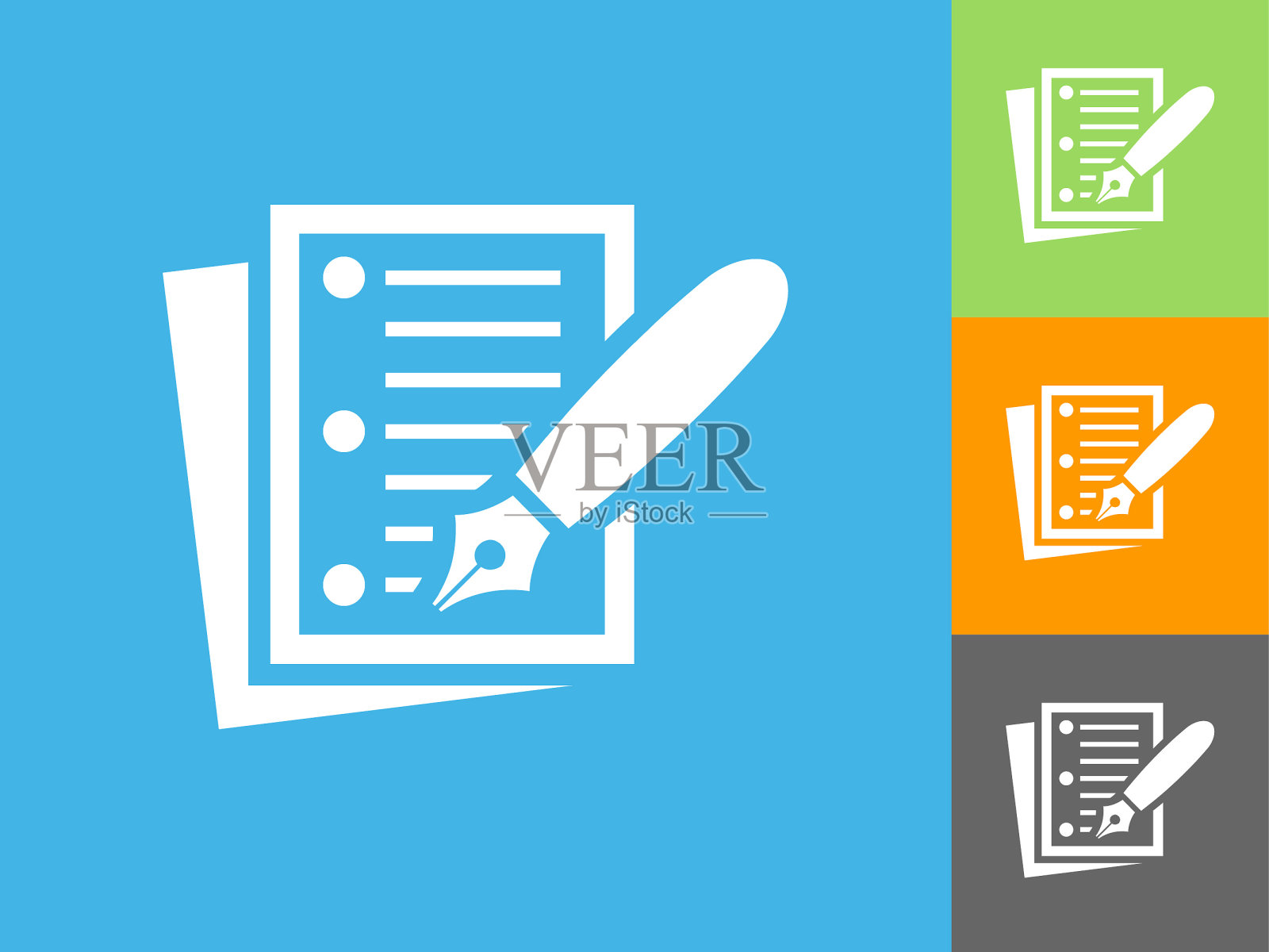 纸和墨水笔在蓝色背景上的平坦图标插画图片素材