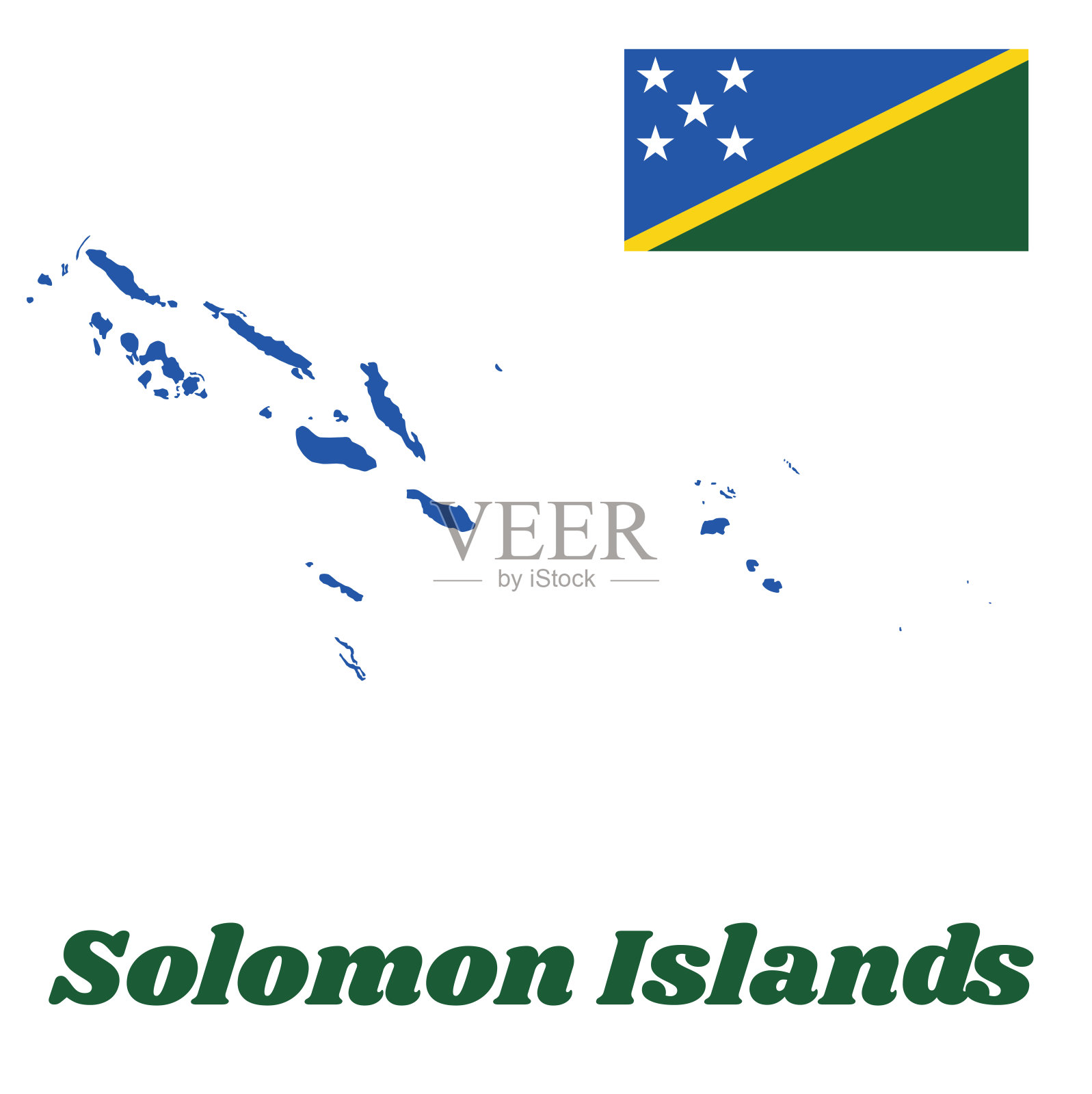 所罗门群岛的地图轮廓和旗帜，一条细长的黄色斜条纹，以绿色和蓝色的三角形和星形对角分开。插画图片素材