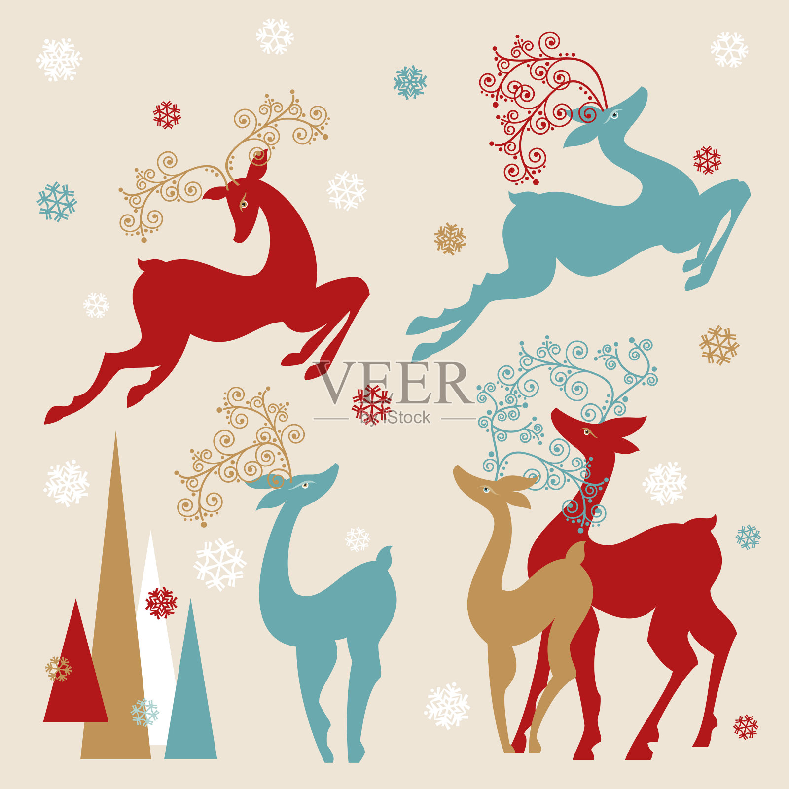 一组假日驯鹿。圣诞节的时间。插画图片素材