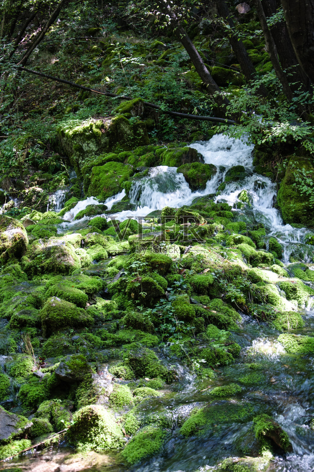 在长满苔藓的岩石间的瀑布照片摄影图片