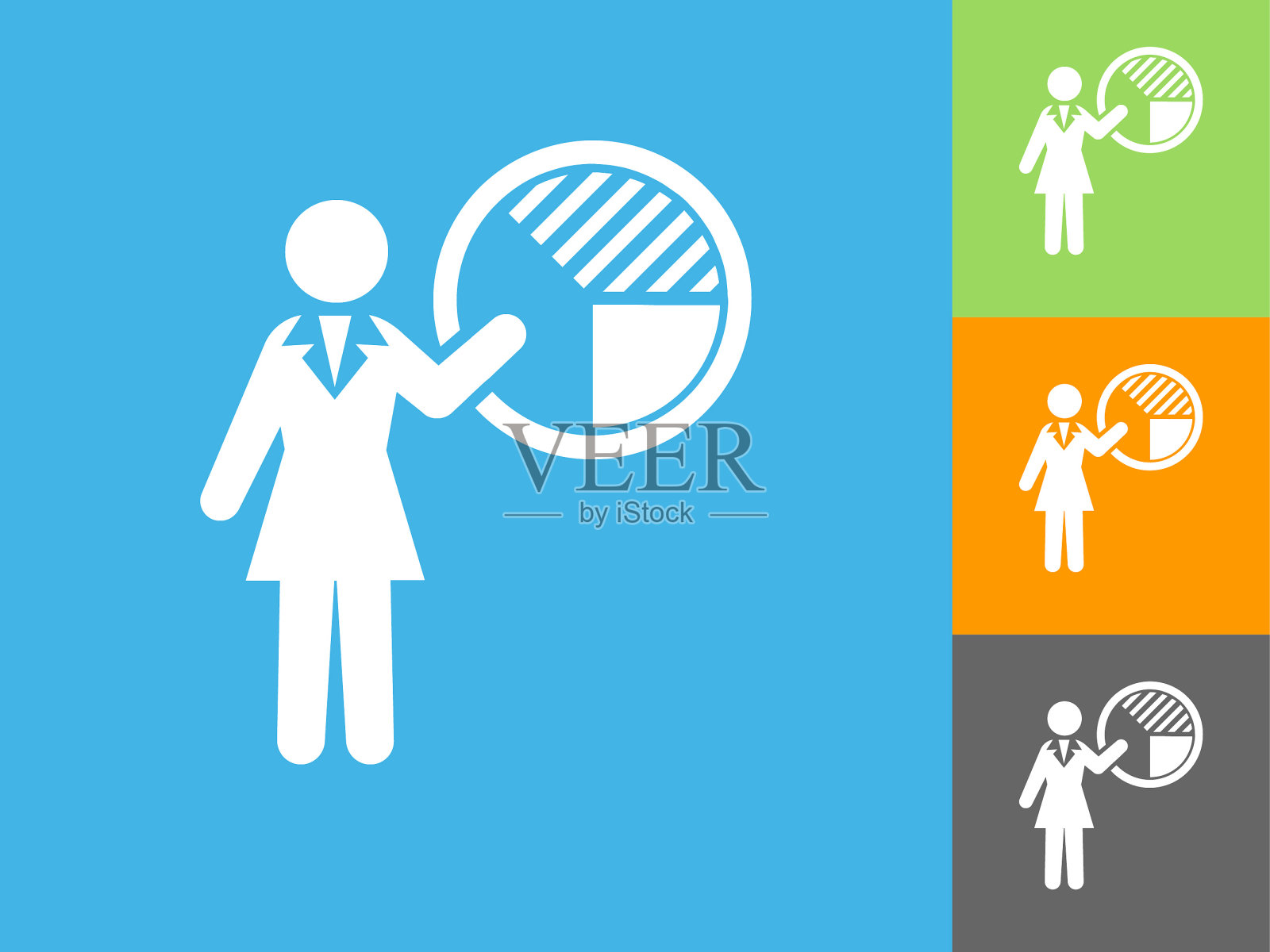 女商人和图表平面图标上的蓝色背景插画图片素材