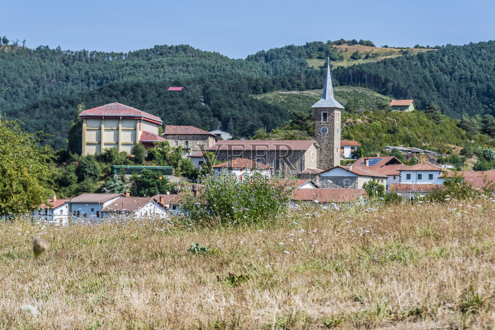 厄洛村和你的教堂。西班牙纳瓦拉庇里牛斯山照片摄影图片