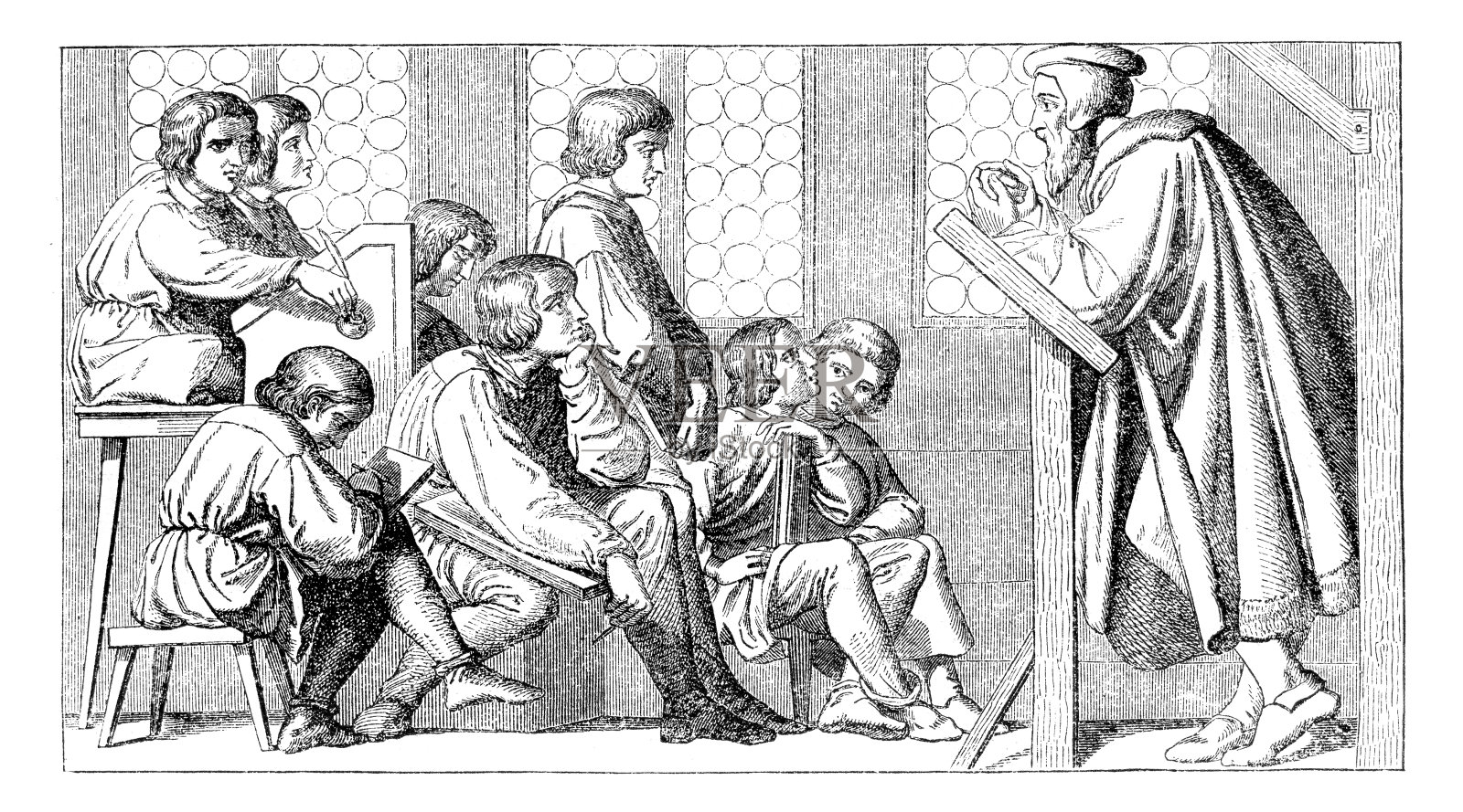 学校老师教学生在教室德国中世纪插画图片素材