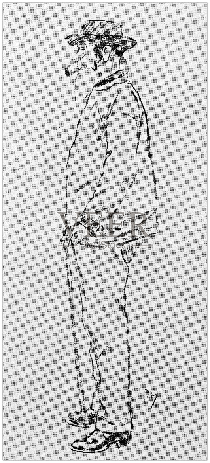 古画插图:拿烟斗的男人设计元素图片