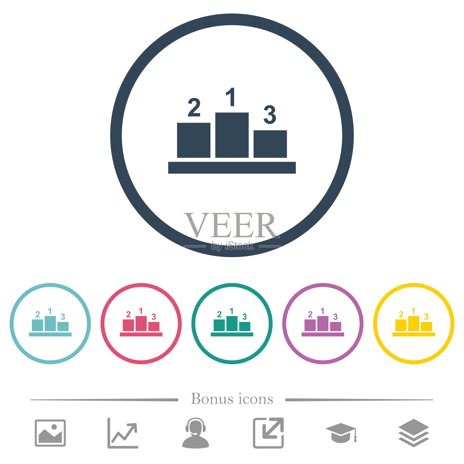 获奖者领奖台与外部数字平面颜色图标在圆形轮廓图标素材
