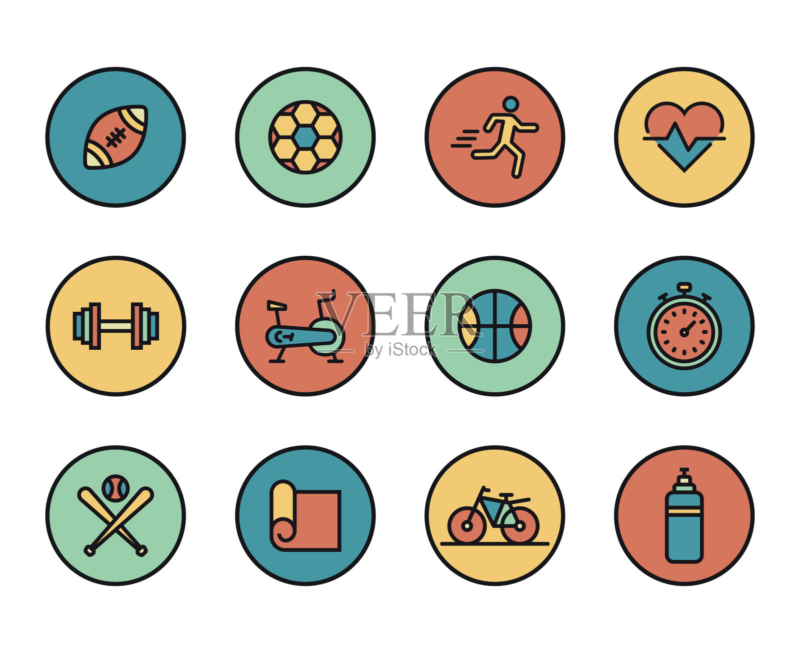 线条图标的运动和健身。现代彩色平面设计线形象形收藏品。描边符号包的轮廓向量概念。优质的网页图形材料。图标素材