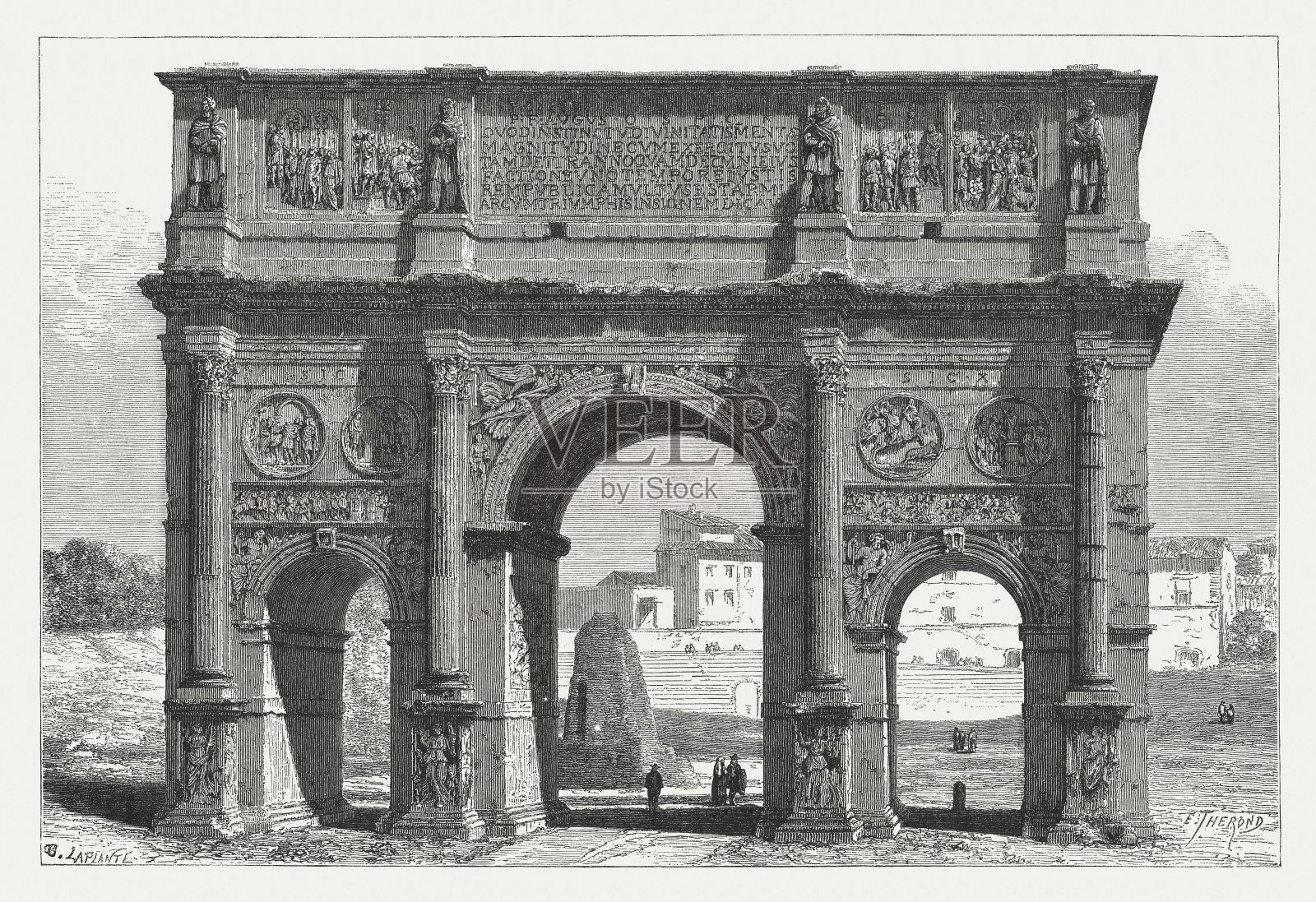 意大利罗马康斯坦丁拱门(建于312-315)，木刻，1876年出版照片摄影图片