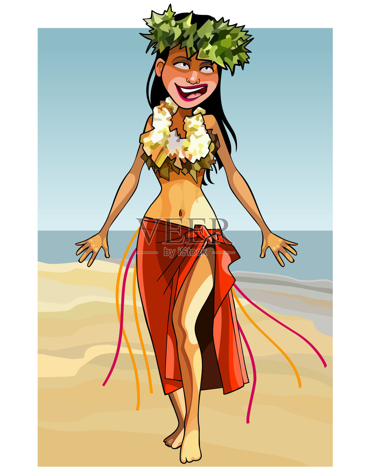卡通的快乐的女人在海边跳舞插画图片素材
