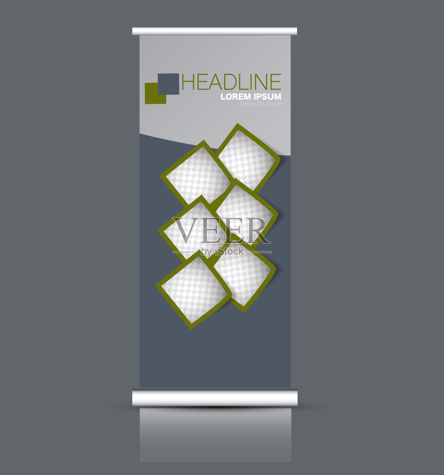 卷起垂直旗帜站模板。抽象背景概念用于商业、教育、演示、广告。设计模板素材