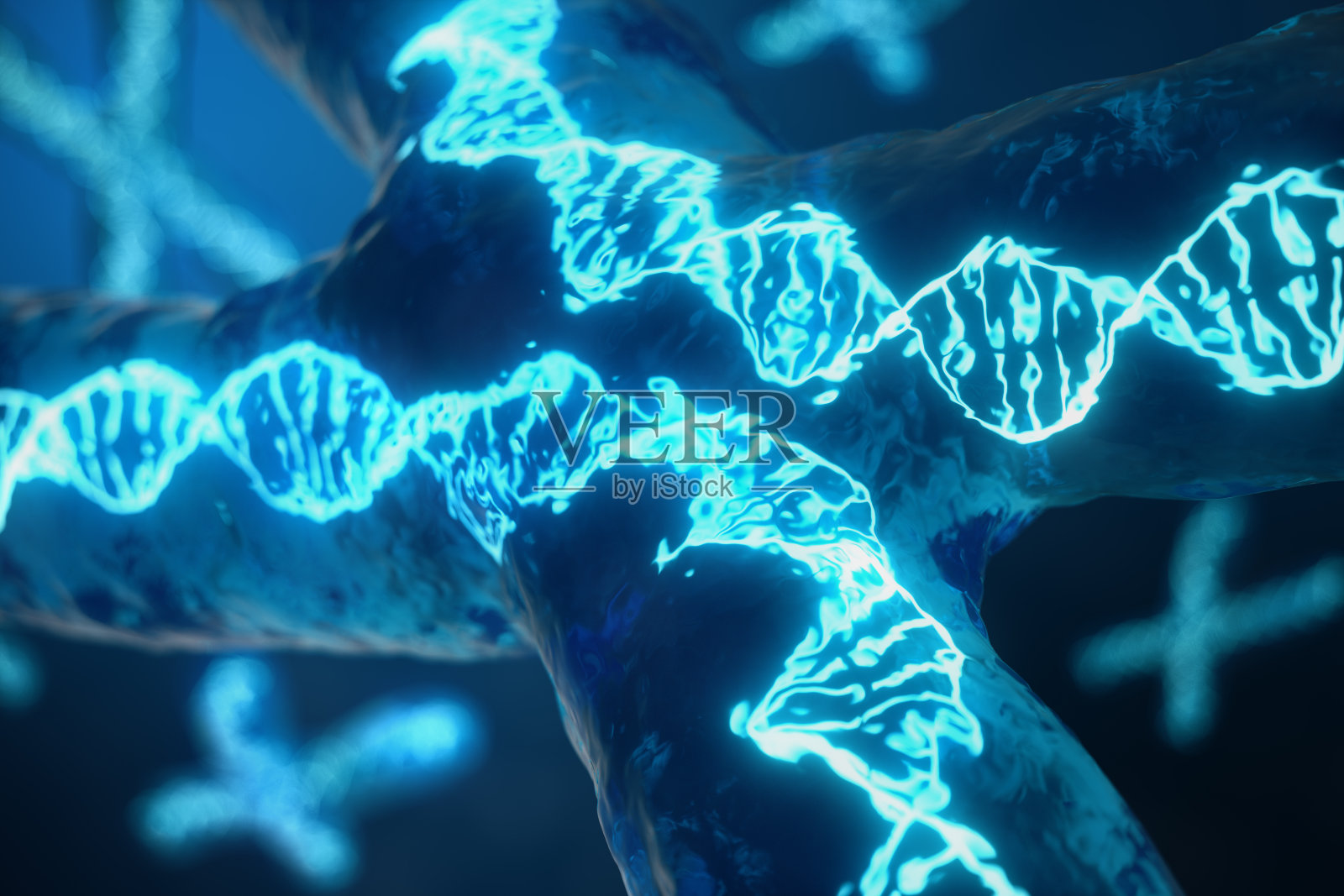 3D插图x染色体与携带遗传密码的DNA。遗传学概念，医学概念。未来,基因突变。在生物层面改变遗传密码。照片摄影图片