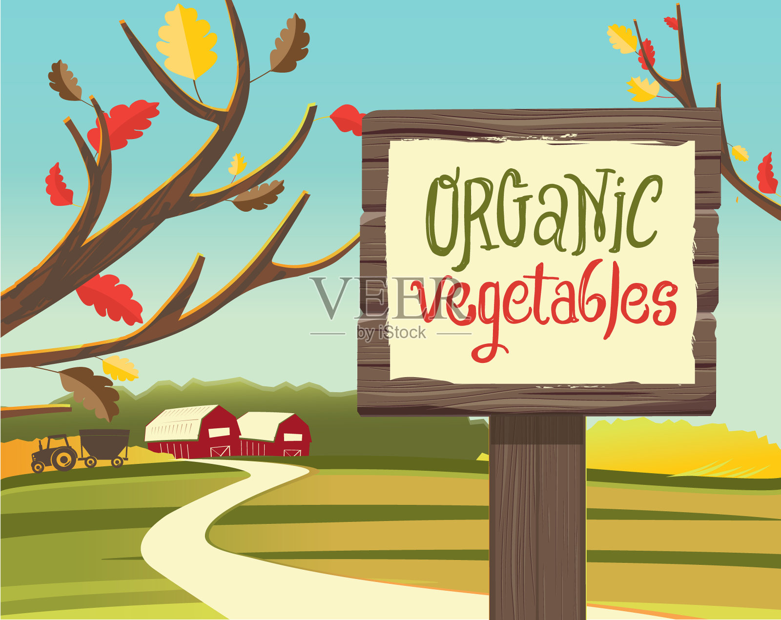 有机蔬菜秋天或秋天主题的木制标牌插画图片素材