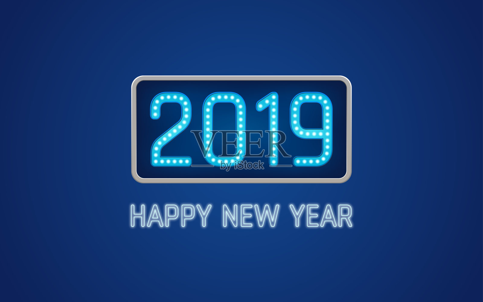 新年快乐2019文字在灯泡板与明亮的霓虹灯在蓝色背景插画图片素材