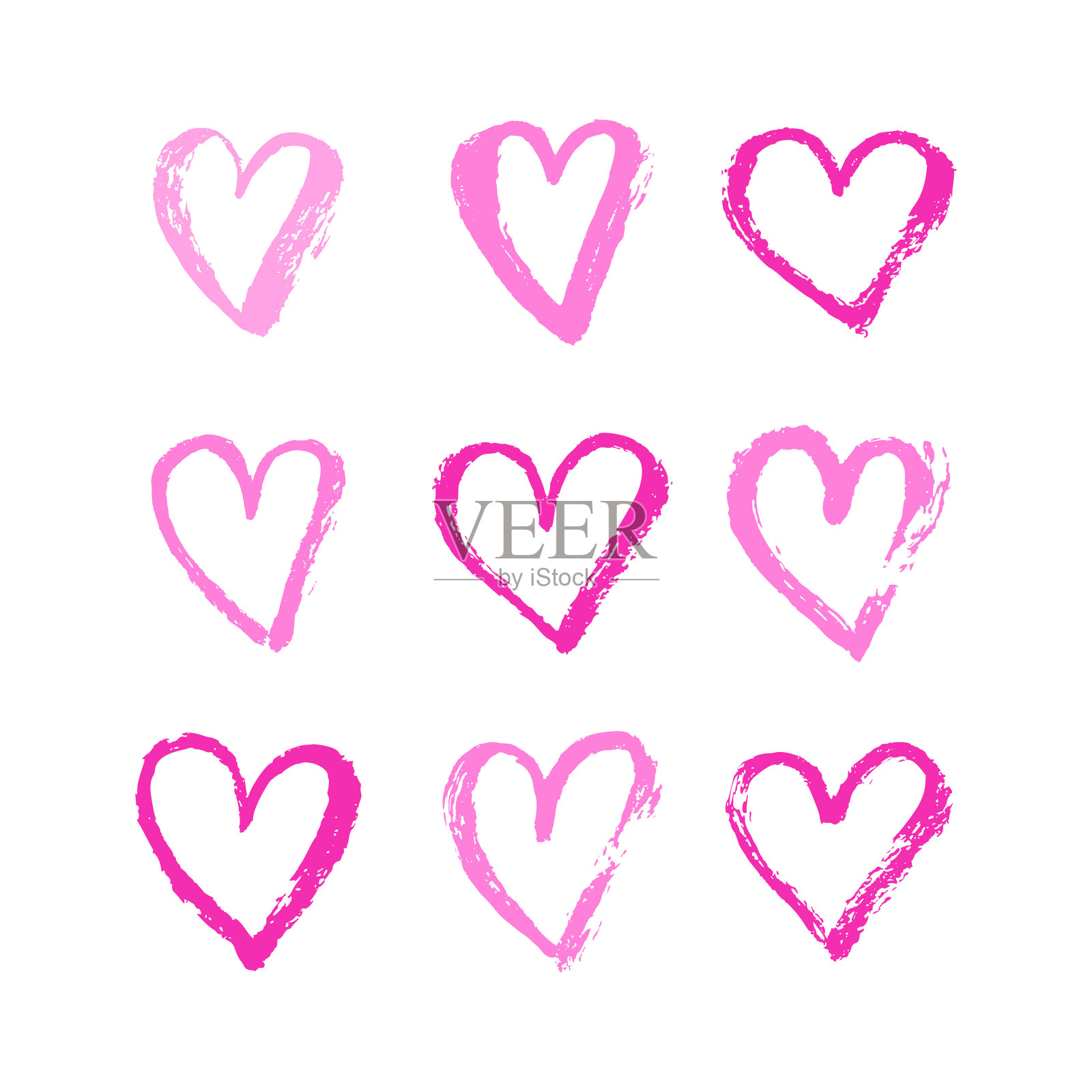 矢量墨水粉色心形符号在情人节快乐。枯燥乏味的风格插画图片素材