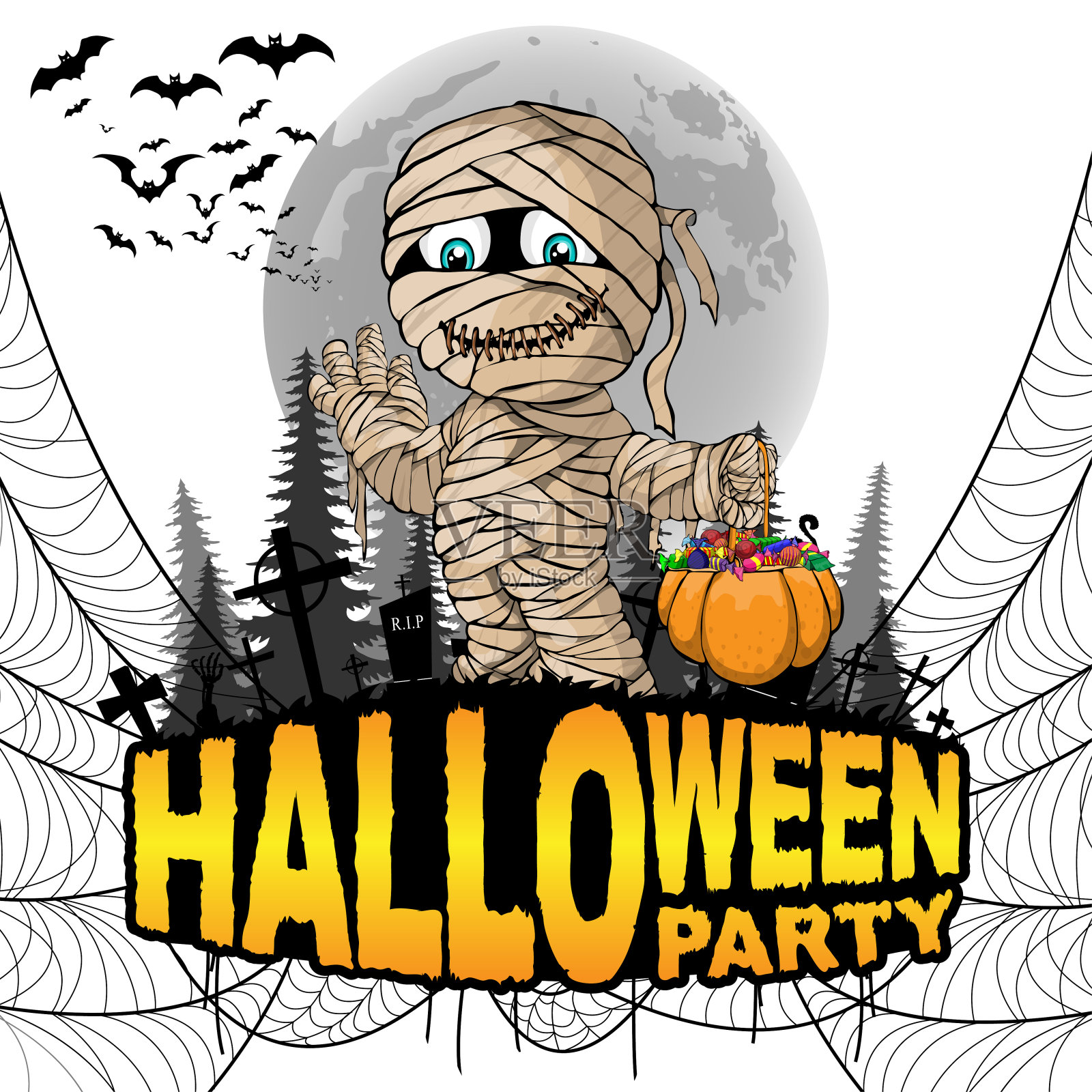 万圣节派对海报与木乃伊在一个白色孤立的背景。矢量插图。设计模板素材