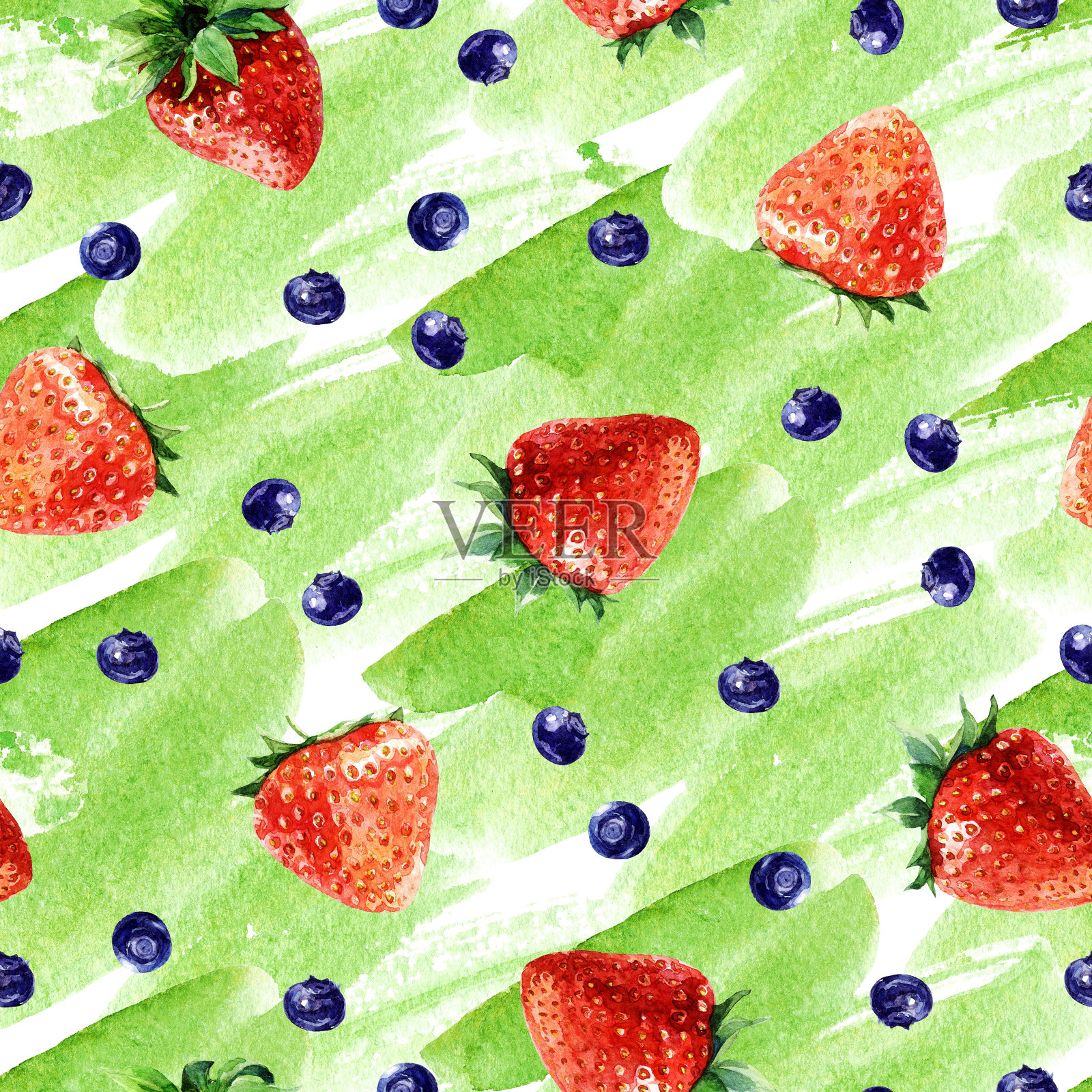 无缝模式的草莓和蓝莓，水彩背景插图的浆果。插画图片素材