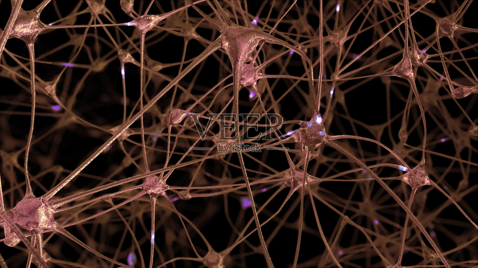 大脑中神经元细胞和突触网络的3D渲染，电脉冲和放电通过其中照片摄影图片