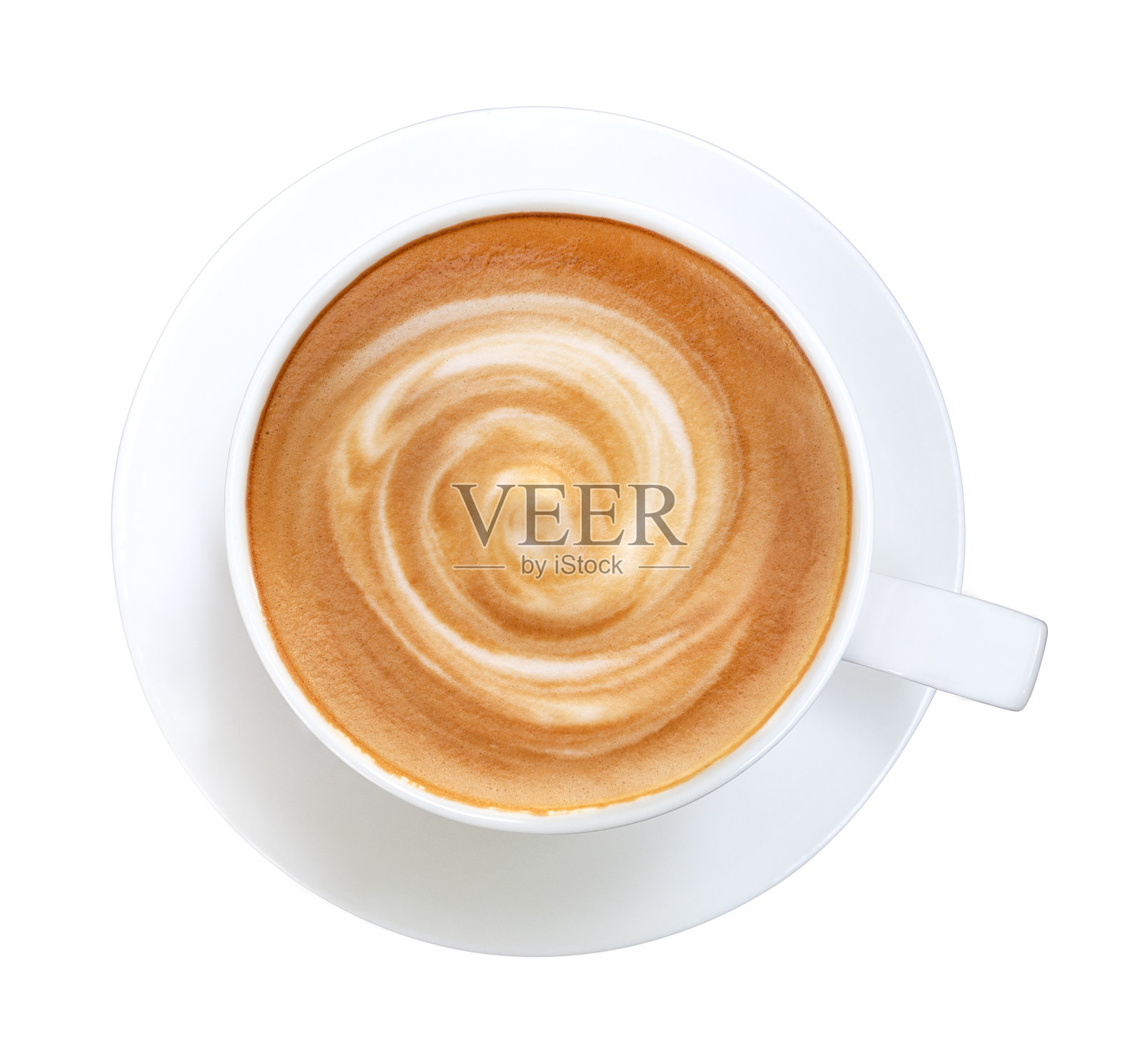 顶视图热咖啡拿铁卡布奇诺螺旋泡沫孤立在白色背景，剪切路径包括照片摄影图片