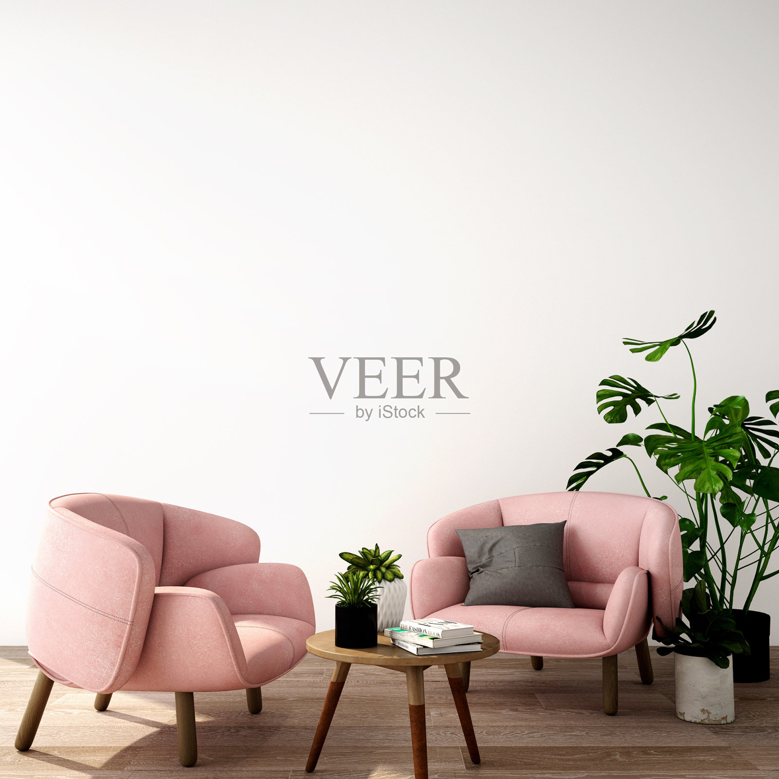 3d效果图，3d插画，现代风格的客厅或接待室内设计，扶手椅，桌子，木地板植物和白色墙壁插画图片素材